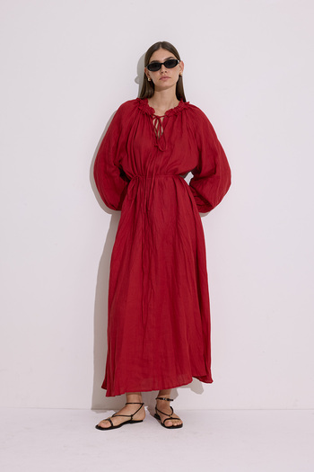 Manuka Cropped Collar Linen Wide Dress Red