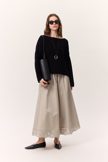 Manuka Wide Skirt with Embroidery Detail Stone
