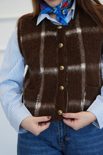 Ladies&Gentlemen Square Patterned Buttoned Wool Look Women's Vest – Brown