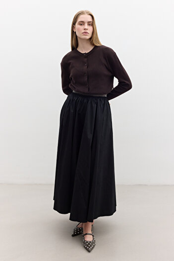 Manuka Black Wide Skirt - Leather Detail