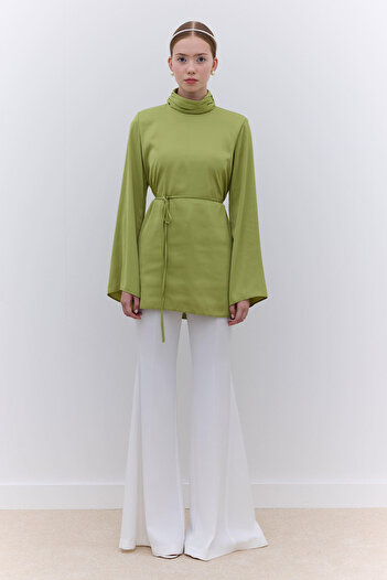 Manuka Green Satin Wide Sleeve Tunic