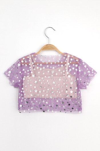 Le Mabelle Lilac Star Printed Girl's Tulle Crop