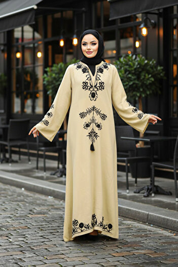 Neva Style Flower Detailed Beige Hijab Dress 11153Beige