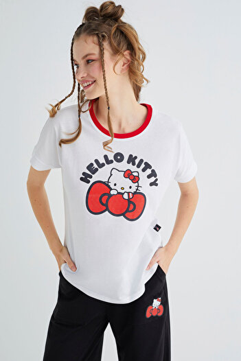 Hello Kitty Αδειτωμένο εμπριμέ λευκό μπλουζάκι από βαμβάκι κανονικής κοπής