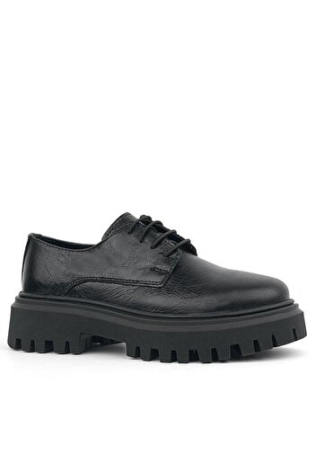 Rakerplus Black Crinkled Patent Leather Genuine Leather Lace-Up Girls Oxford School Shoes