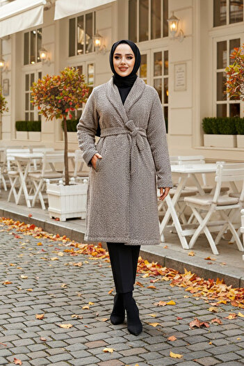 Neva Style Beige Striped Hijab Cashew Cap - 60012Beige
