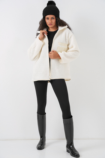 Bigdart 55446 Beige Oversize Plush Zipper Jacket Coat