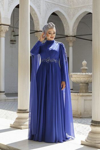 Neva Style Μανδύα Indigo Blue Hijab Βραδινό Φόρεμα 22130ım