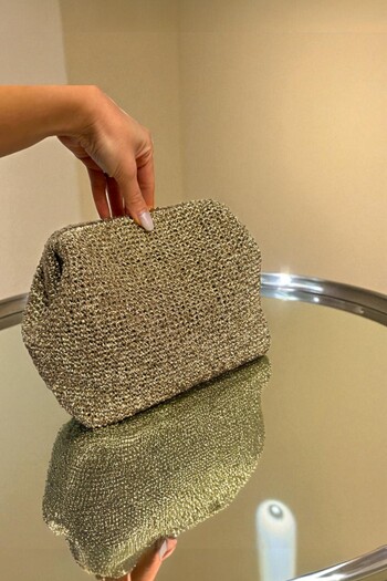 CHANCE GİFT Women's Sparkling Shiny Gold Bag Knitted Paper String Wedding Invitation Special Occasion Stylish Clutch Bag 25 cm