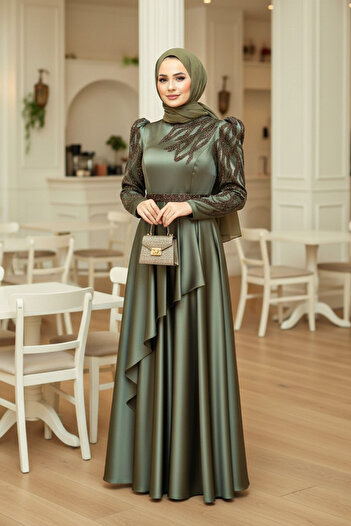 Neva Style Beaded Khaki Satin Hijab Evening Dress 22671Hk