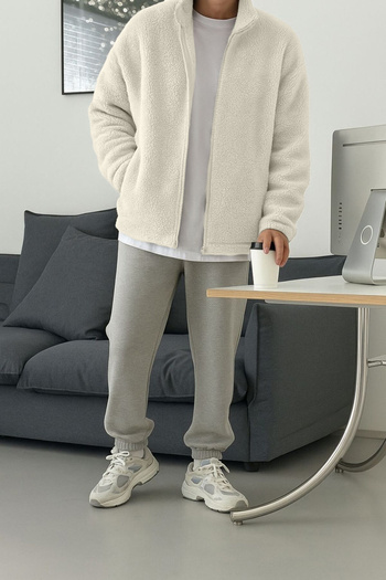 GHASSY CO. Erkek Isı Termal İç Dış Sherpa Sonbahar Kış Tam Fermuarlı Peluş Polar Sweatshirt