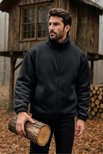 GHASSY CO. Erkek Pro Termal İç Dış Sherpa Sonbahar Kış Tam Fermuarlı Peluş Sweatshirt