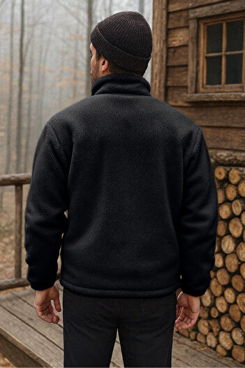 GHASSY CO. Erkek Pro Termal İç Dış Sherpa Sonbahar Kış Tam Fermuarlı Peluş Sweatshirt
