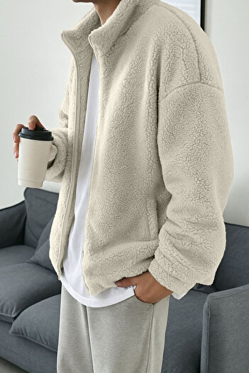 GHASSY CO. Erkek Isı Termal İç Dış Sherpa Sonbahar Kış Tam Fermuarlı Peluş Polar Sweatshirt