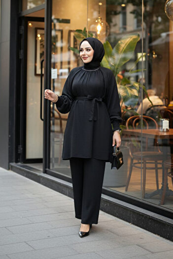Neva Style Belted Black Hijab Suit 44691S