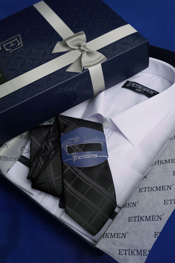 Etikmen White Satin and Black Diamond Patterned Tie Set - Gift Boxed
