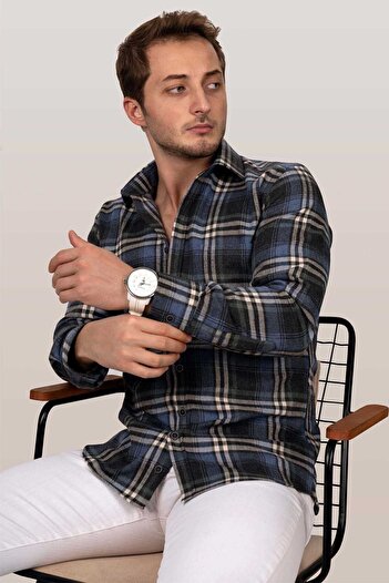 Etikmen Чоловіча сорочка темно-синя біла Slimfit Lumberjack з подарунковою коробкою