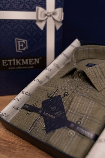 Etikmen Χακί ριγέ Slimfit Χειμερινό πουκάμισο ξυλοκόπο με κουτί δώρου