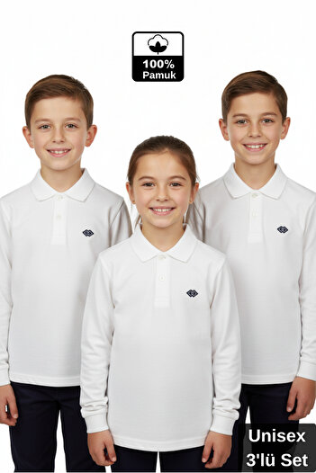 Divonette Girls Boys Polo Collar Long Sleeve School T-Shirt Set of 3 - Children's Clothing