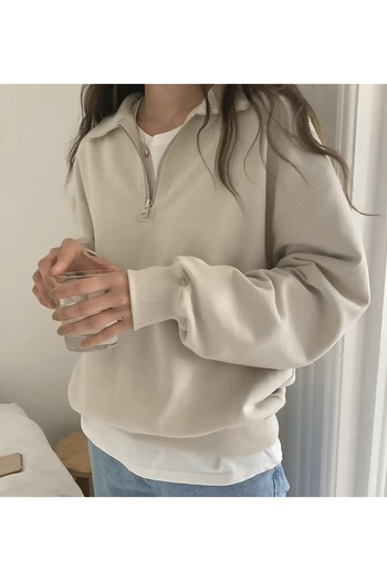 sole stories Women's Beige Premium Oversize Cut Long Sleeve Zippered Sweatshirt