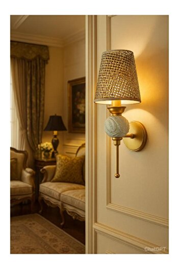 DEDE Single Perge Sconce Cream Color Glazed Rattan with Brown Hat