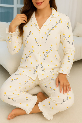 ELİTOL Floral Patterned Wrinkled Knitted Long Sleeve Women's Buttoned Pajama Set