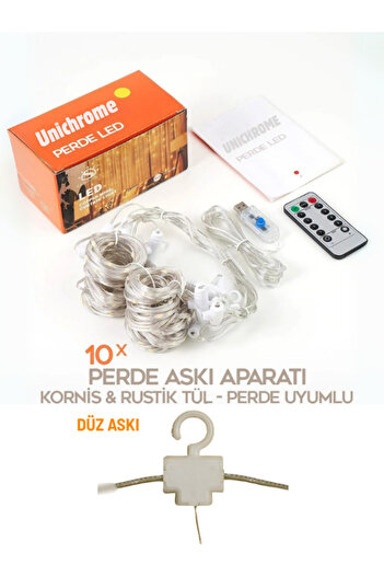 Unichrome Kumandalı 8 Ayrı Moda Sahip 3x3M 300X300Cm Perde Led 10 Saçaklı Sarkıtlı 300 Led Gün Işığı Düz Askı