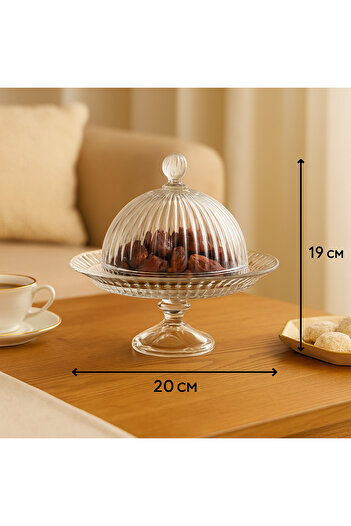 Elegant Serving Plate With A Base And A Clear Glass Cover For Sweets Cupcakes And All Pastries Size 20*19 Cm