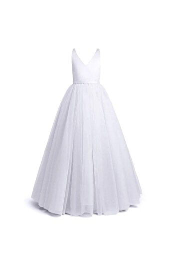 Tomac Rochie pentru fete cu decolteu dublu din satin, cu spatele deschis - Rochie de seara pentru fete cu detaliu fundita alb