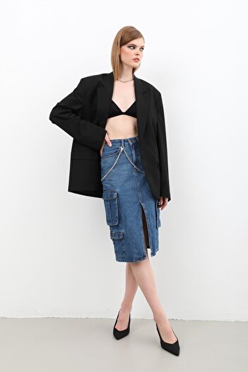 BANNY JEANS Fusta de jeans cu buzunar cargo și fante în față albastră