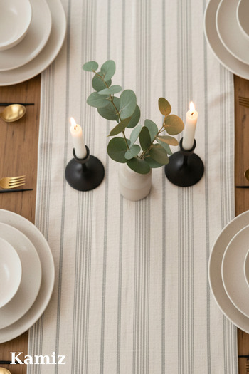 KAMİZ Cotton Linen Runner - Anthracite Striped, 40x150 Cm