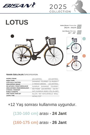 Bisan LOTUS ŞEHİR BİSİKLETİ 34 CM V 24 JANT 21 VİTES MİNT YEŞİL BEYAZ