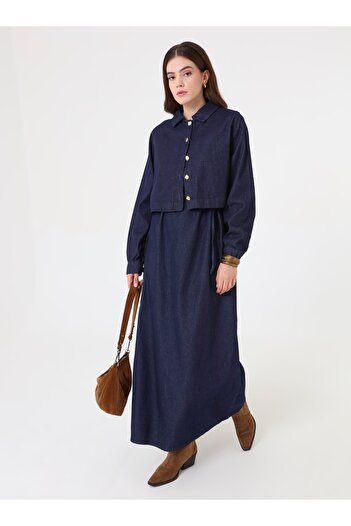 Benin Denim Ceket & Elbise İkili Takım - Koyu Lacivert -