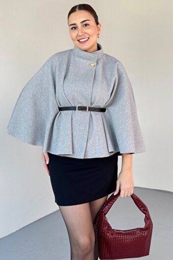 Safgiyim44 Gray Gold Buttoned Belt Detailed Cashmere Poncho