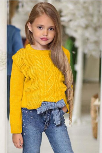 Riccotarz Girl's Ruffle and Hair Knit Detailed Knitwear Blouse and Jeans Pants Yellow Bottom Top Set