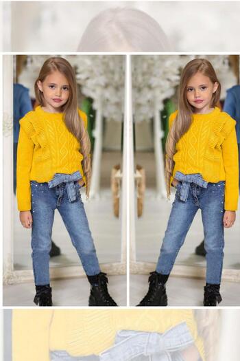 Riccotarz Kız Çocuk Fırfır ve Saç Örgü Detaylı Triko Bluz ve Jeans Pantolon Sarı ALt Üst takım