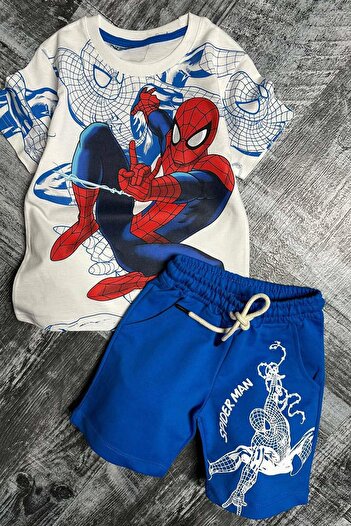 Riccotarz Boy's Spiderman Digital and Text Printed Short Sleeve Blue Shorts Suit