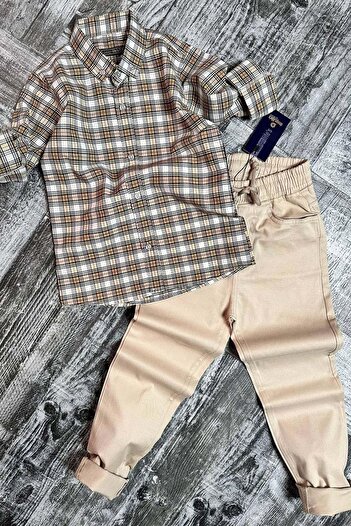 Riccotarz Boy's Lycra Gabardine Striped Woven Brown Shirt Top and Bottom Set