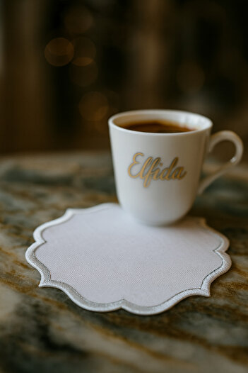 ELFİDA Luxury Embroidered Cocktail Coffee Serving Tray Napkin Mini Placemat - Silvery Baroque Design 1 (1 Piece)