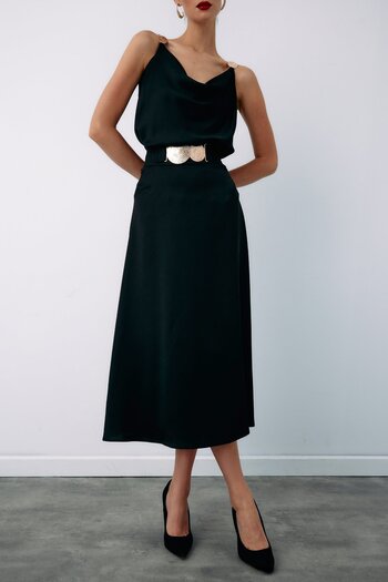Sateen Flared Skirt with Belt Accessory - Black