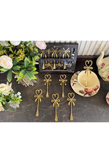 atabey home 6 Pieces Gold Bow Pattern Heart Tea-Mug-Cup Spoon
