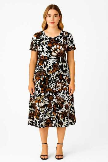 Şans Women's Plus Size Black, Butterfly Pattern, Crew Neck Viscose Dress 65N39156