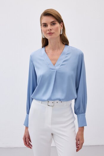 Sateen Bluză din satin cu decolteu în V - BEBE BLUE
