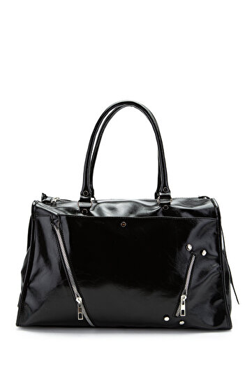 minebag Zipper Detailed Patent Leather Tim Handbag Black