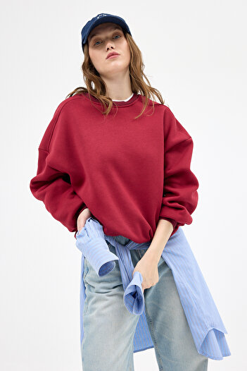 Rays Burgundy Crew Neck Oversize Women's Sweatshirt 9152m