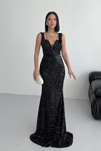 ALFUDO Moda Collection Trend Band Kol Kadife Balık Elbise Siyah