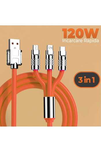 Timebox Cablu de date și încărcare rapidă, 3 în 1, 120W, QC 3.0, USB, USB-C, iluminare, 1,2 m, portocaliu