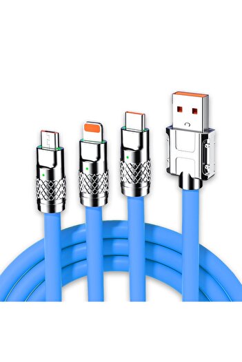 Timebox Cablu de date și încărcare rapidă, 3 în 1, 120W, QC 3.0, USB, USB-C, iluminare, 1,2 m, albastru
