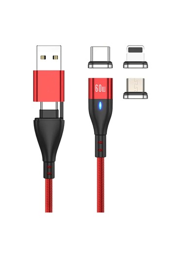 Timebox Cablu de date și încărcare rapidă, 6 în 1, QC 3.0, 60W, 2m, USB, Tip C, Lightning Apple, Micro, Roșu