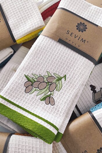 Sevim Set Prosoape Bucatarie Bumbac Figurat Ecru si Verde - 40x60 Cm